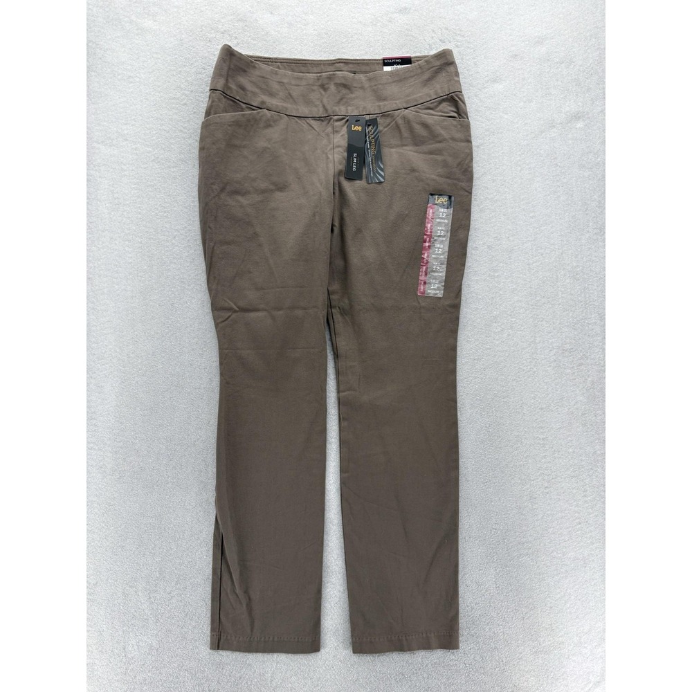 Lee Sculpting Slim Leg Dress Pants Womens 12 Brown Medium Green Pull On Stretch